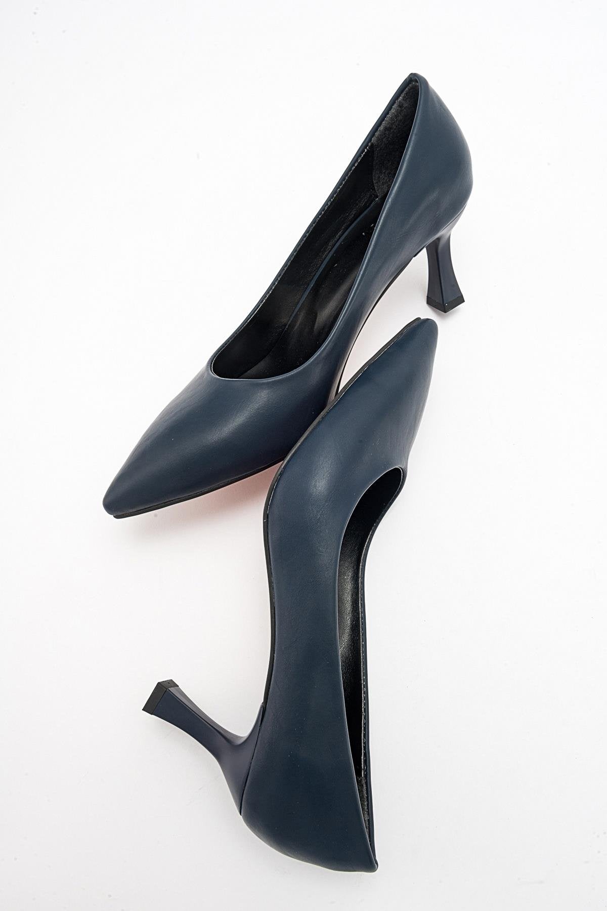 Pedra - Navy Heeled Shoe – detail view showing leather, SimmiUnique