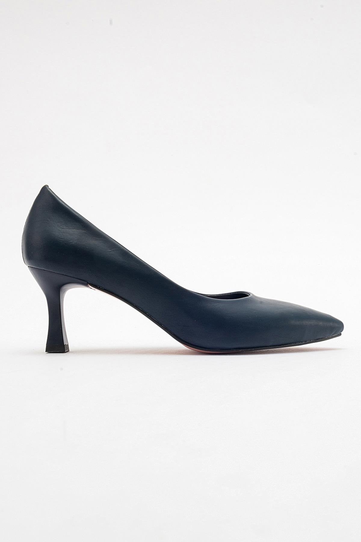 Pedra - Navy Heeled Shoe – top view showing leather, SimmiUnique