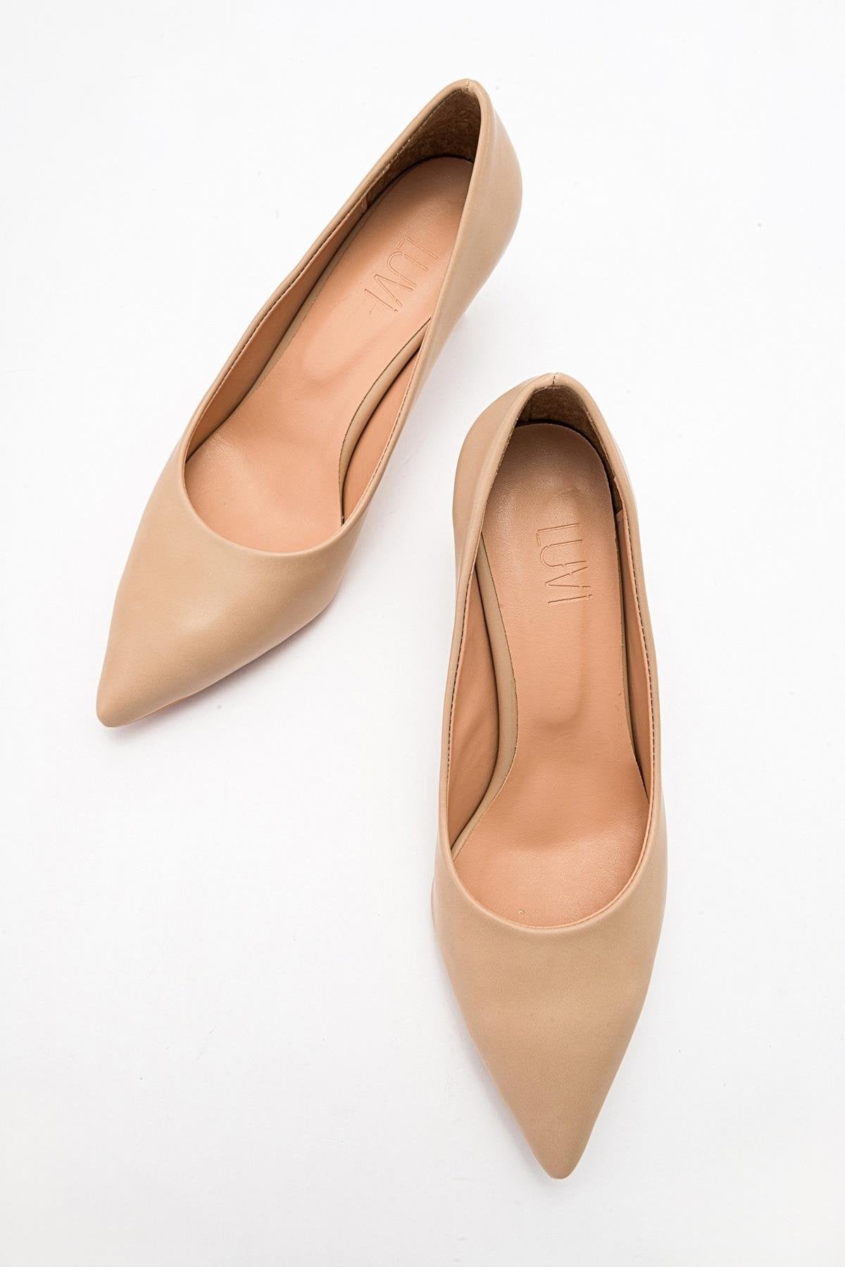 Pedra - Nude Heeled Shoe – detail view showing leather, nude, SimmiUnique