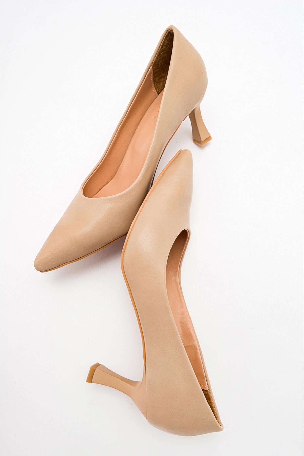 Pedra - Nude Heeled Shoe – heel view showing leather, nude, SimmiUnique