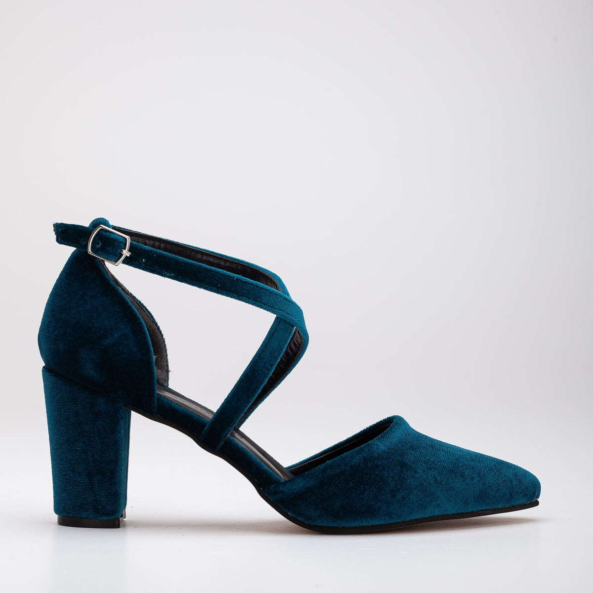 Sina - Teal Blue Velvet High Heels – front three-quarter view showing velvet, blue, SimmiUnique