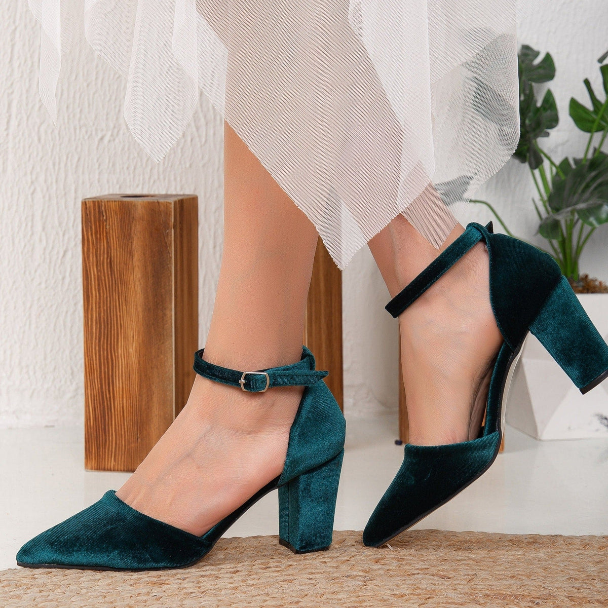 Gisele - Emerald Green Velvet Heels – pair view showing velvet, green, SimmiUnique