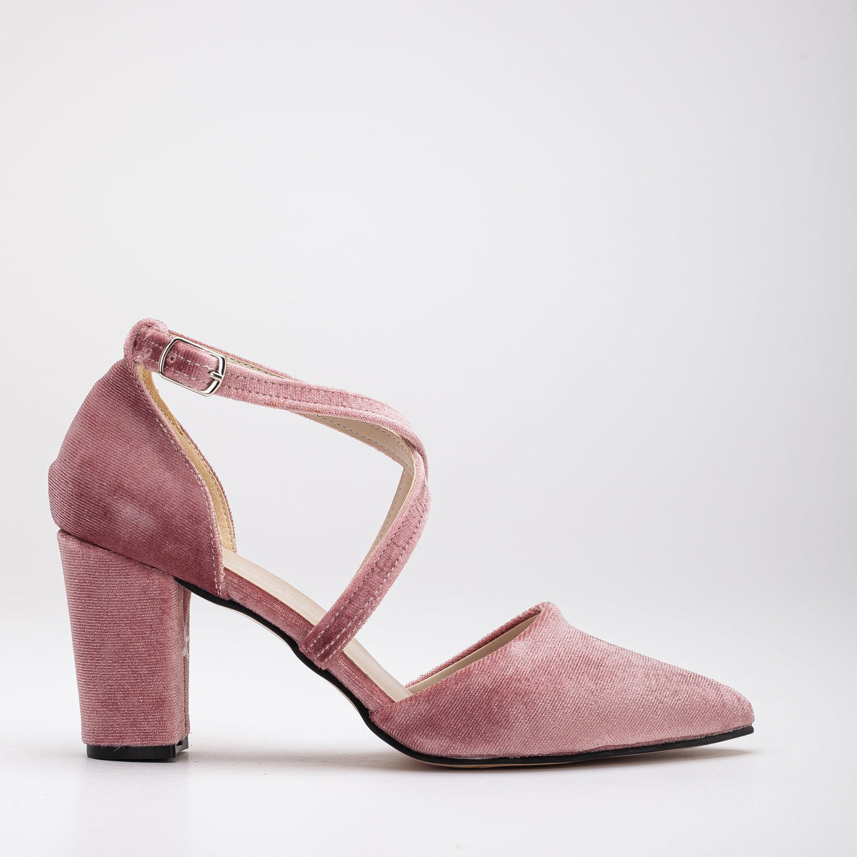 Sina - Rose Velvet High Heels – front three-quarter view showing velvet, pink, SimmiUnique