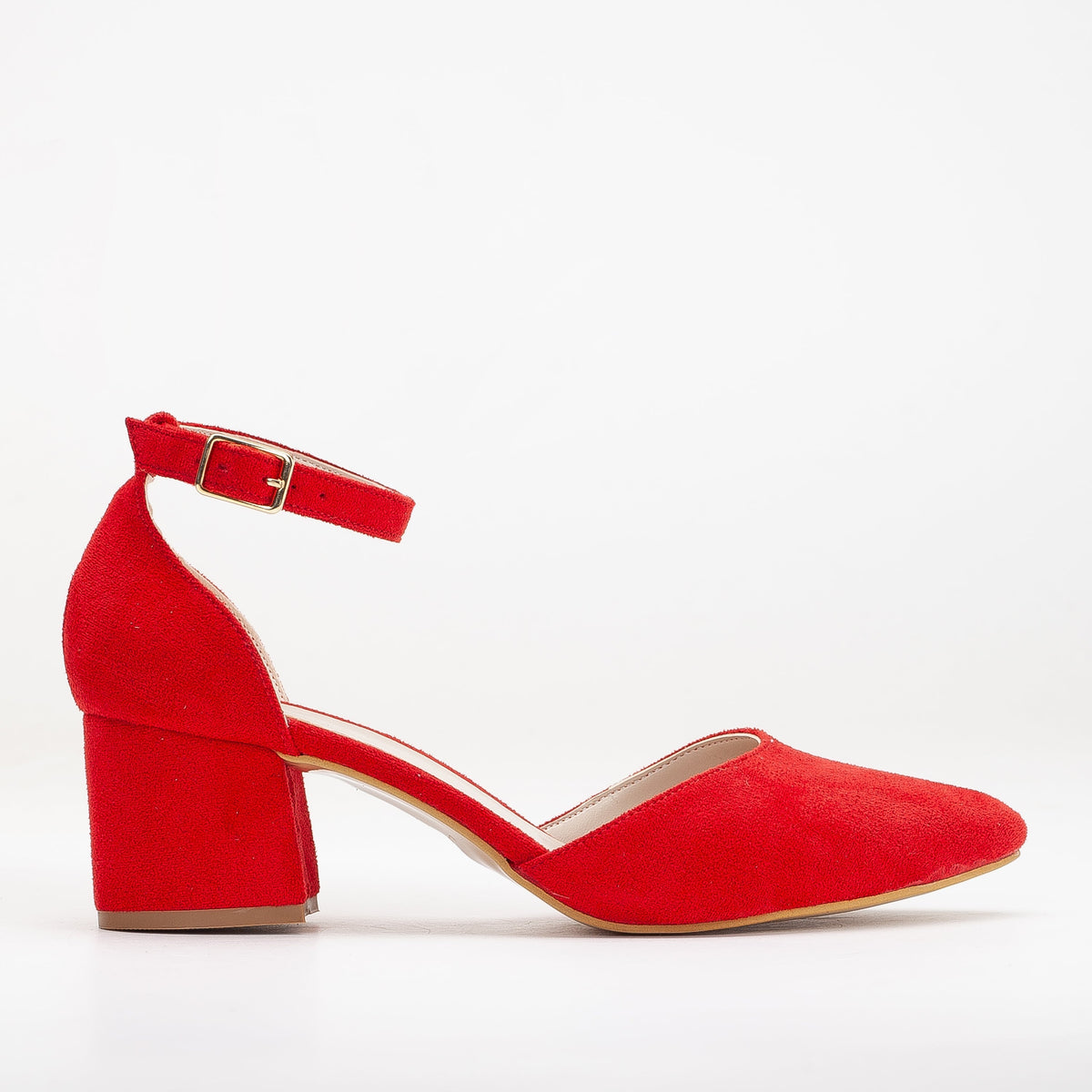 Marcelle - Red Suede Bridal Shoes – front three-quarter view showing leather, suede, red, SimmiUnique