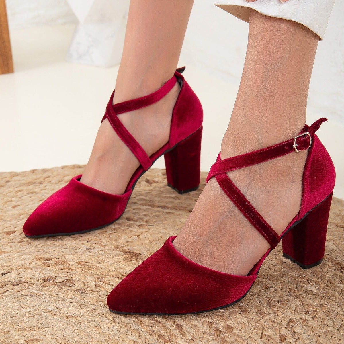 Sina - Burgundy Velvet High Heels – side view showing velvet, red, SimmiUnique