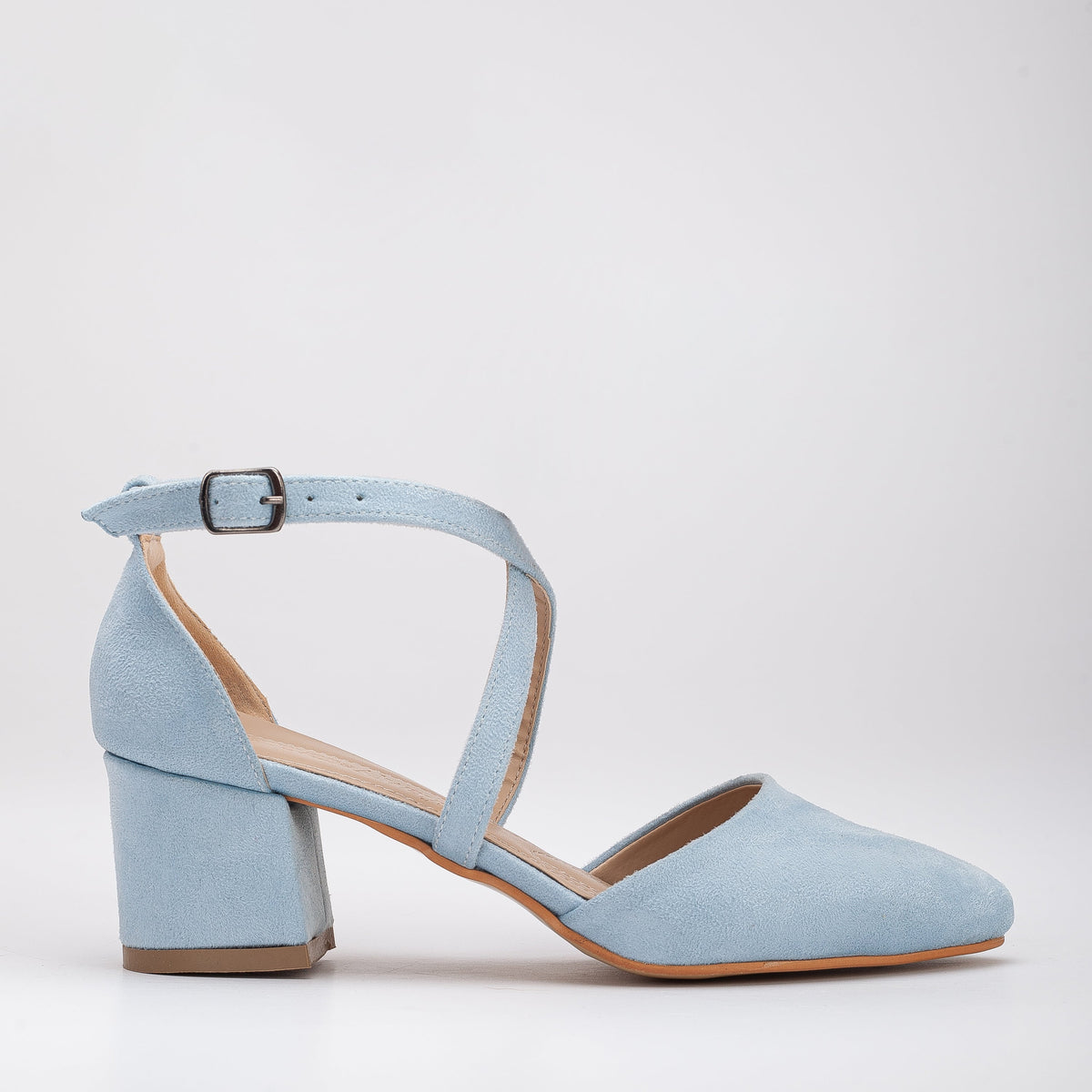Dolly - Baby Blue Suede Heels – front three-quarter view showing leather, suede, blue, SimmiUnique