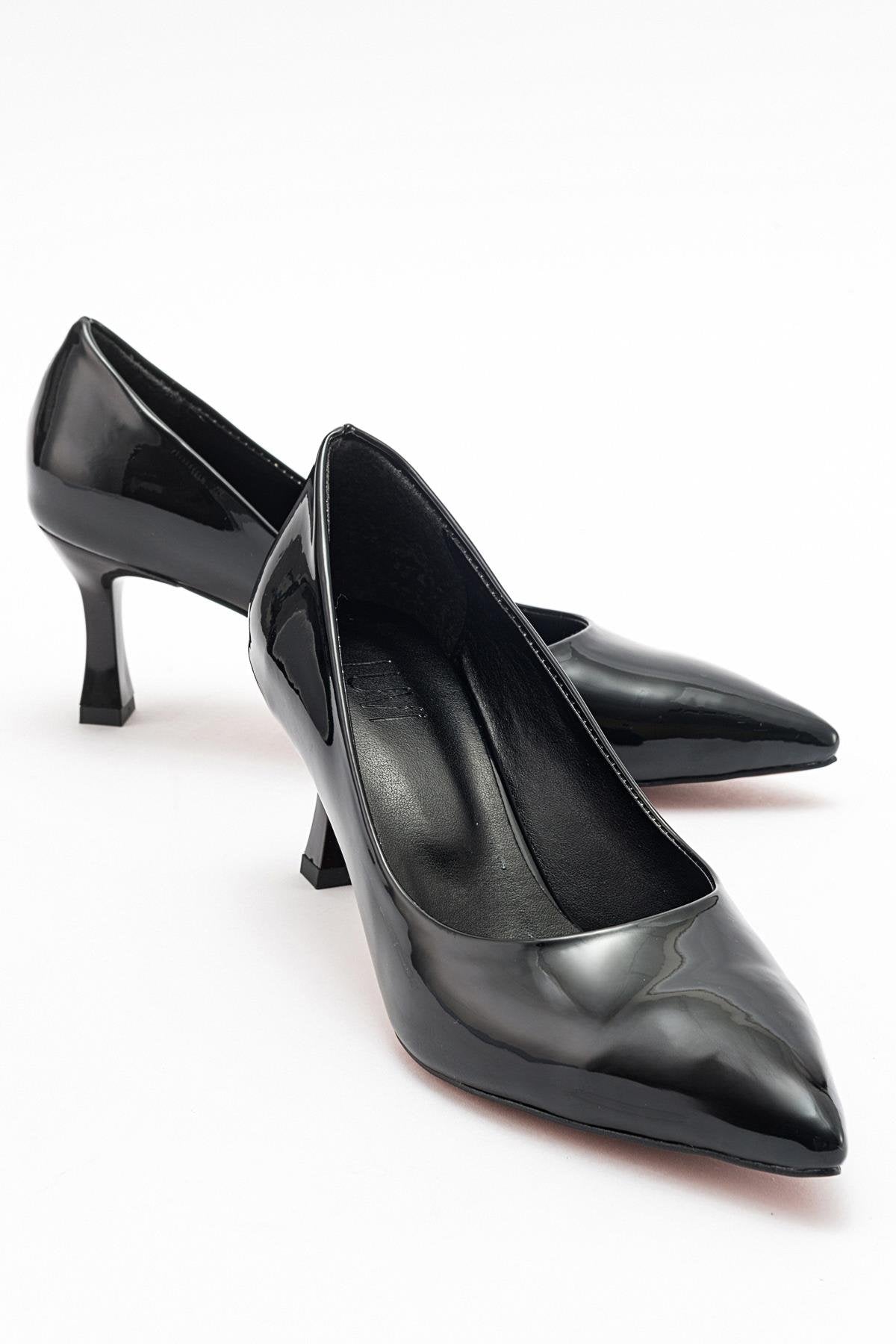 Pedra - Black Heeled Shoe – front three-quarter view showing leather, black, SimmiUnique