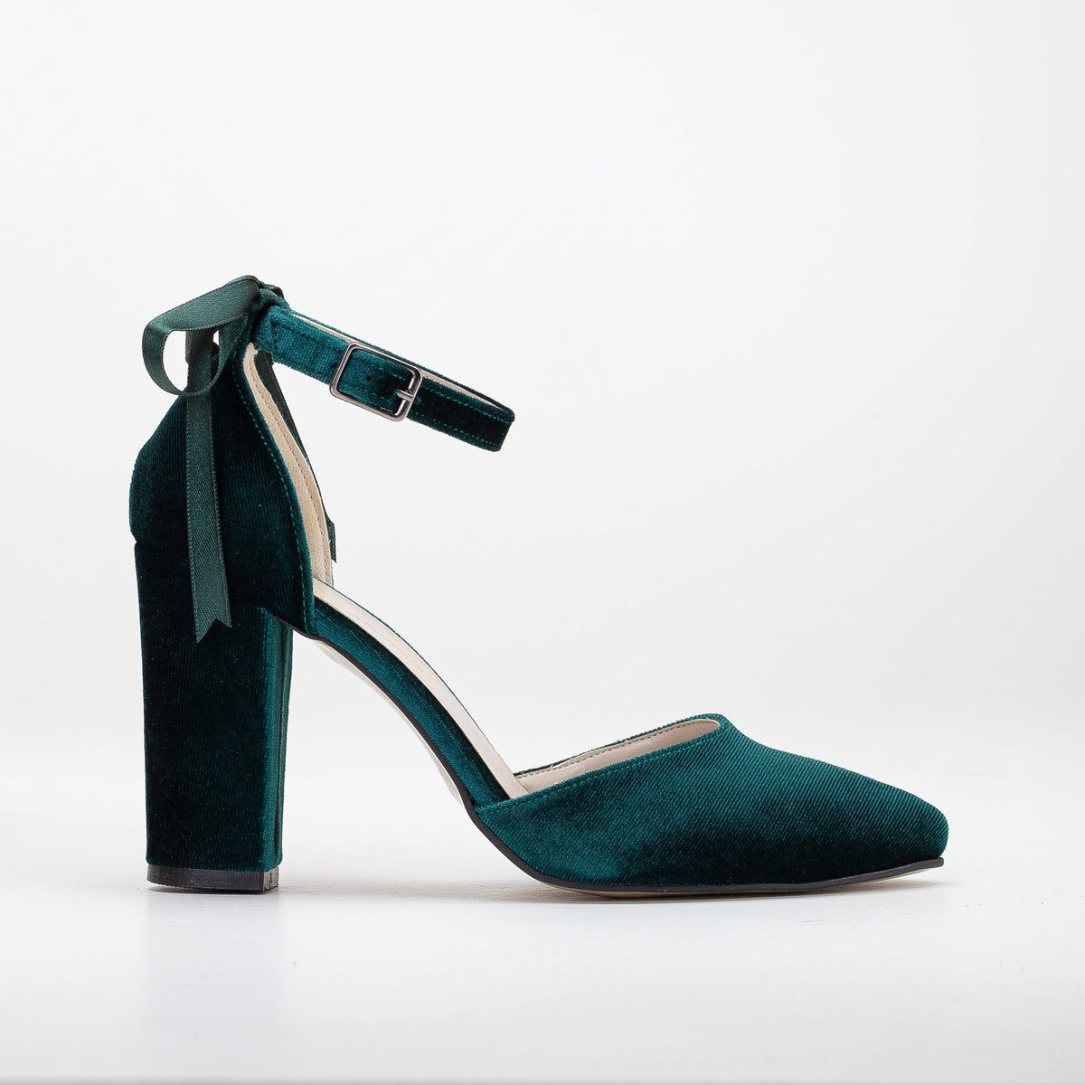 Jolie - Emerald Green Wedding Heels with Ribbon – front three-quarter view showing velvet, green, SimmiUnique