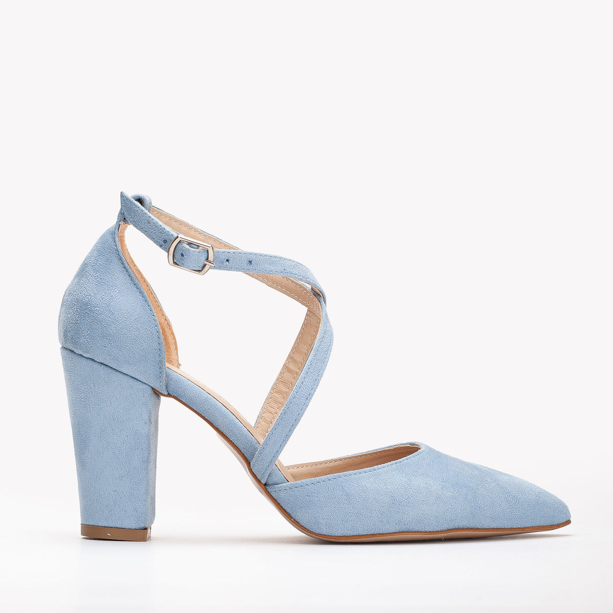Sina - Baby Blue Suede Bridal Shoes – front three-quarter view showing suede, blue, SimmiUnique