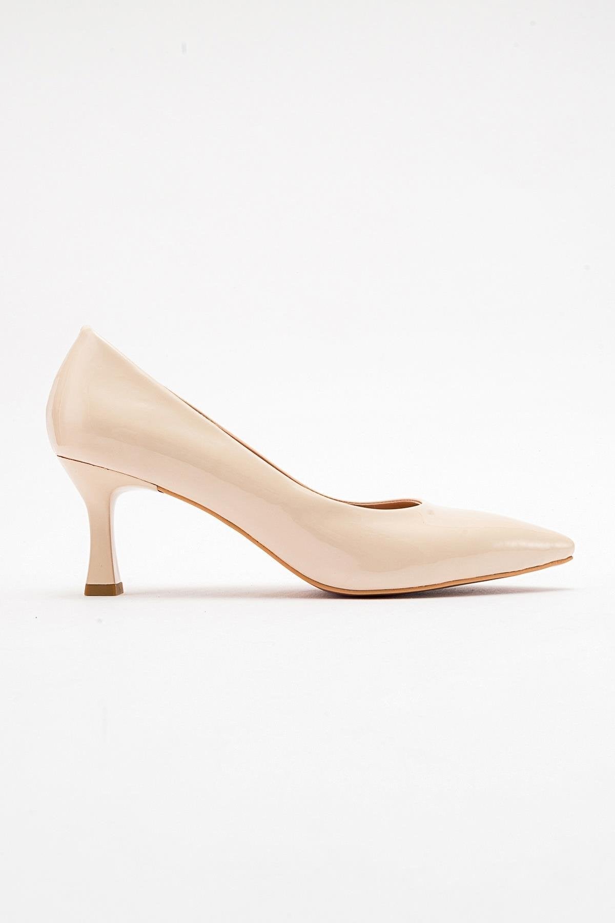 Pedra - Nude Heeled Shoe – top view showing leather, nude, red, SimmiUnique