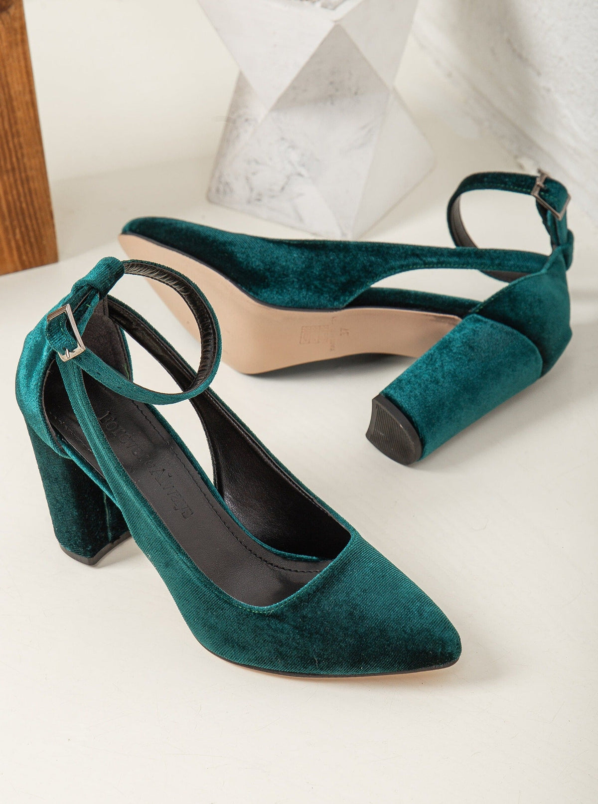 Colette - Emerald Green Velvet Heels – back view showing velvet, green, SimmiUnique