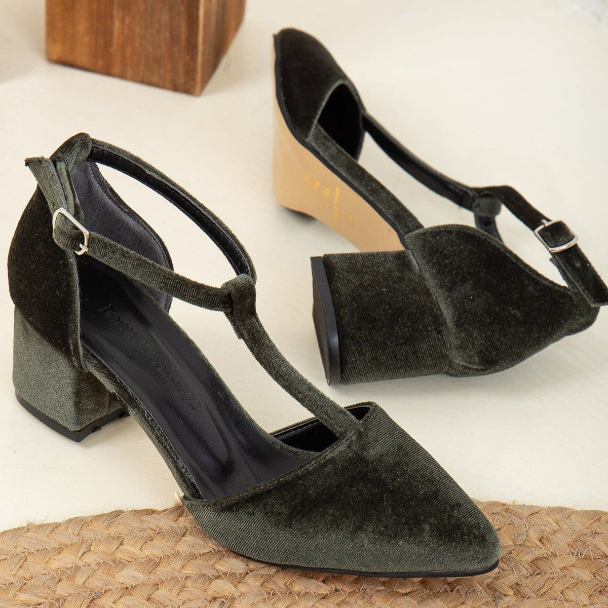 Anicette - Olive Green Velvet Pumps – detail view showing velvet, green, SimmiUnique