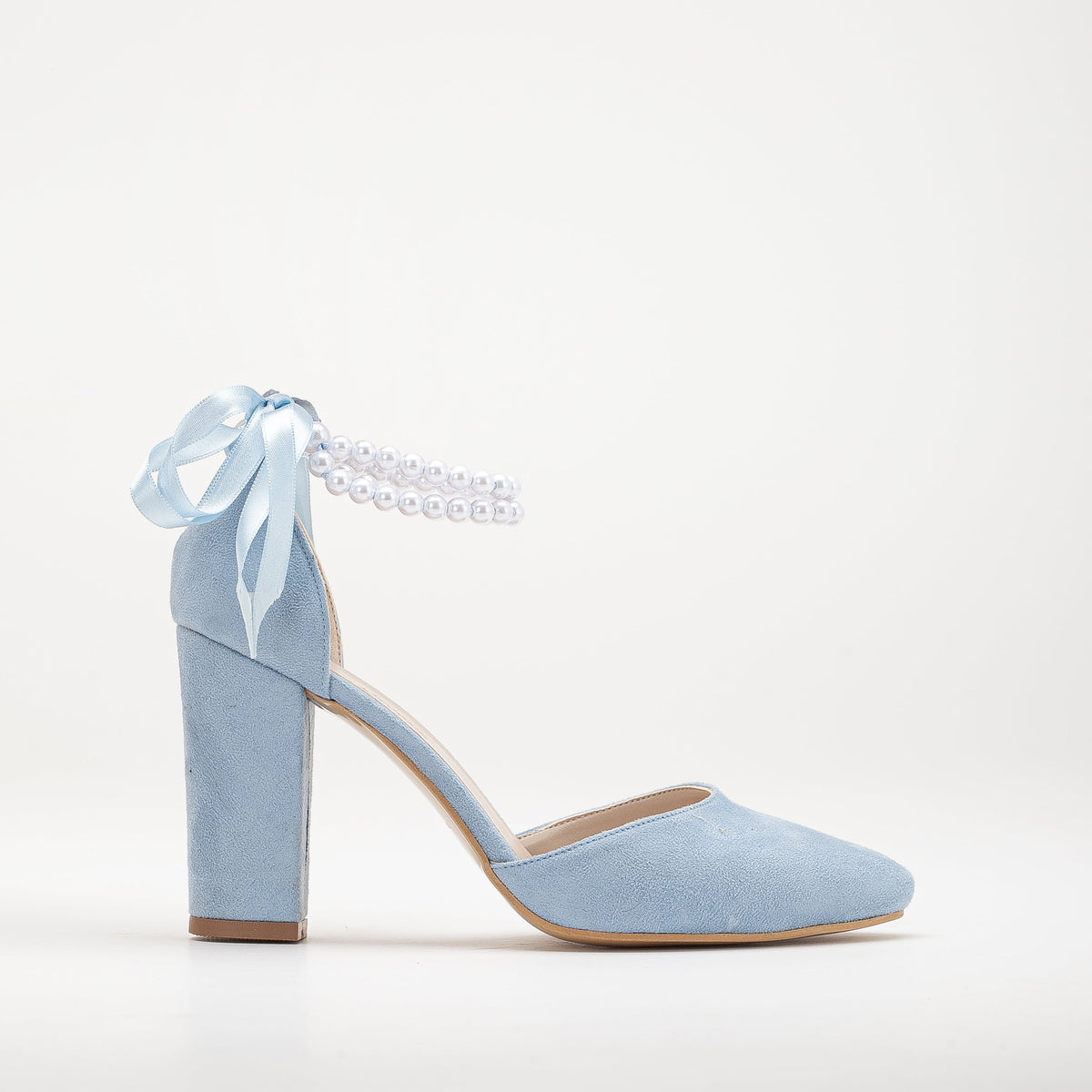 Denise - Baby Blue Suede Wedding Heels with Pearls – front three-quarter view showing pearl, leather, suede, SimmiUnique