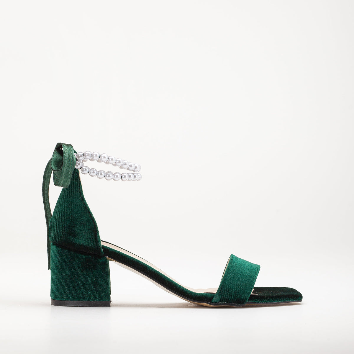 Illy - Green Velvet Sandals with Pearls – front three-quarter view showing pearl, satin, velvet, SimmiUnique