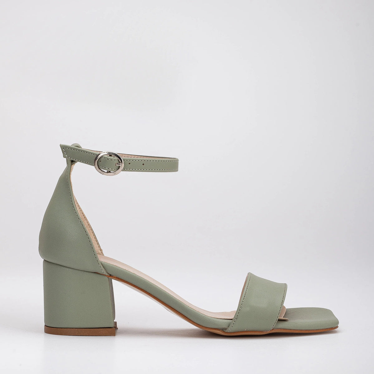 Iva - Sage Green Low Heel – front three-quarter view showing leather, green, SimmiUnique