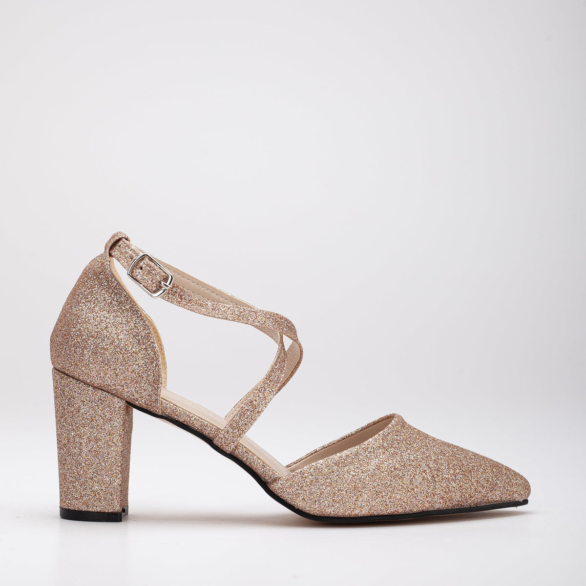 Sina - Rose Gold Glitter Bridal Heels – front three-quarter view showing leather, glitter, gold, SimmiUnique
