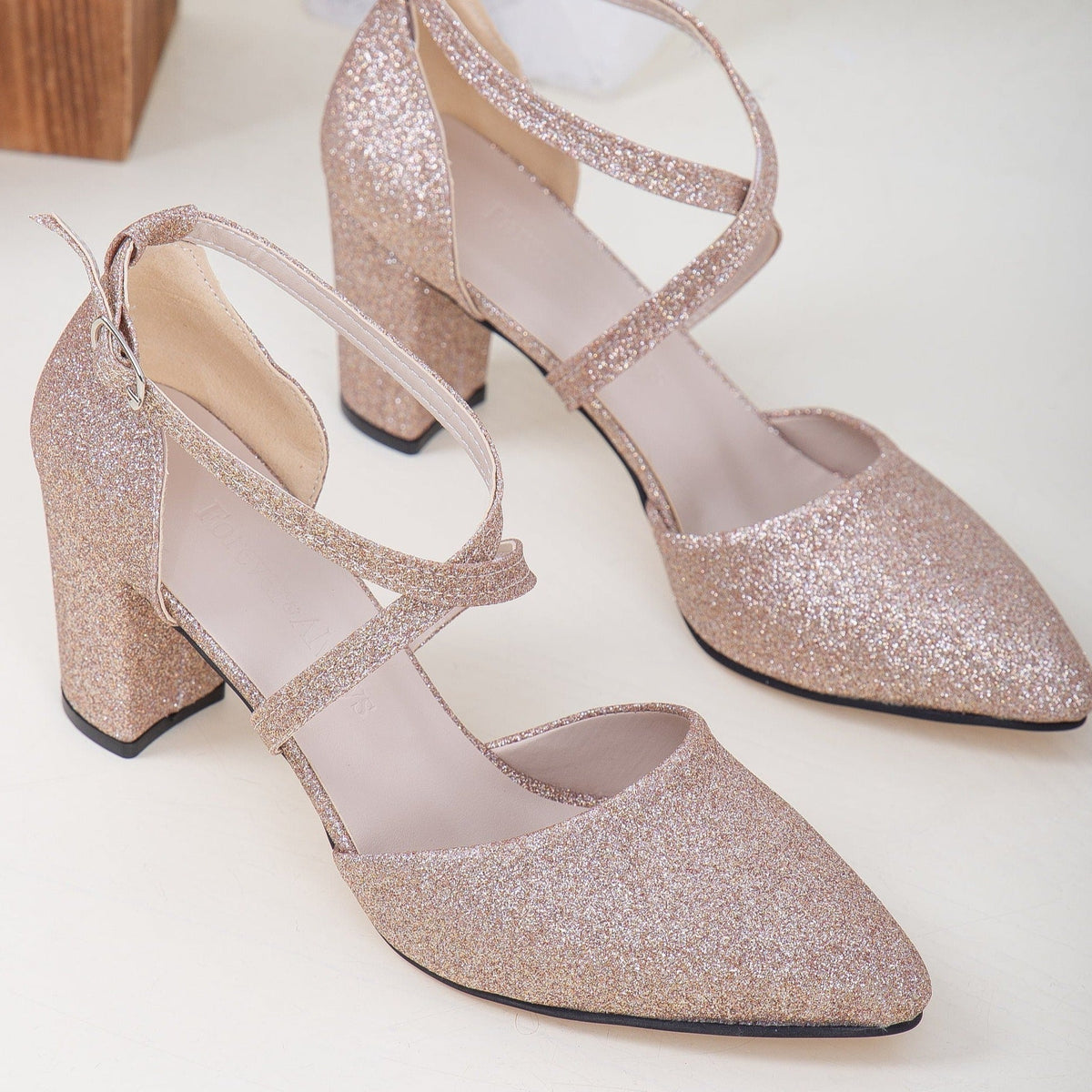 Sina - Rose Gold Glitter Bridal Heels – back view showing leather, glitter, gold, SimmiUnique