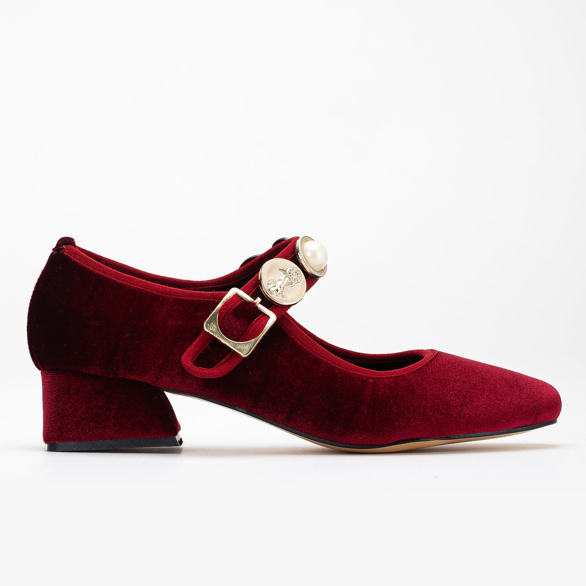 Macbeth - Burgundy Velvet Mary Jane Shoes – side view showing velvet, gold, SimmiUnique