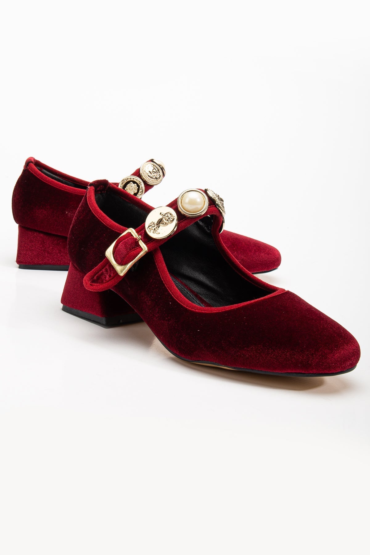 Macbeth - Burgundy Velvet Mary Jane Shoes – front three-quarter view showing velvet, gold, SimmiUnique
