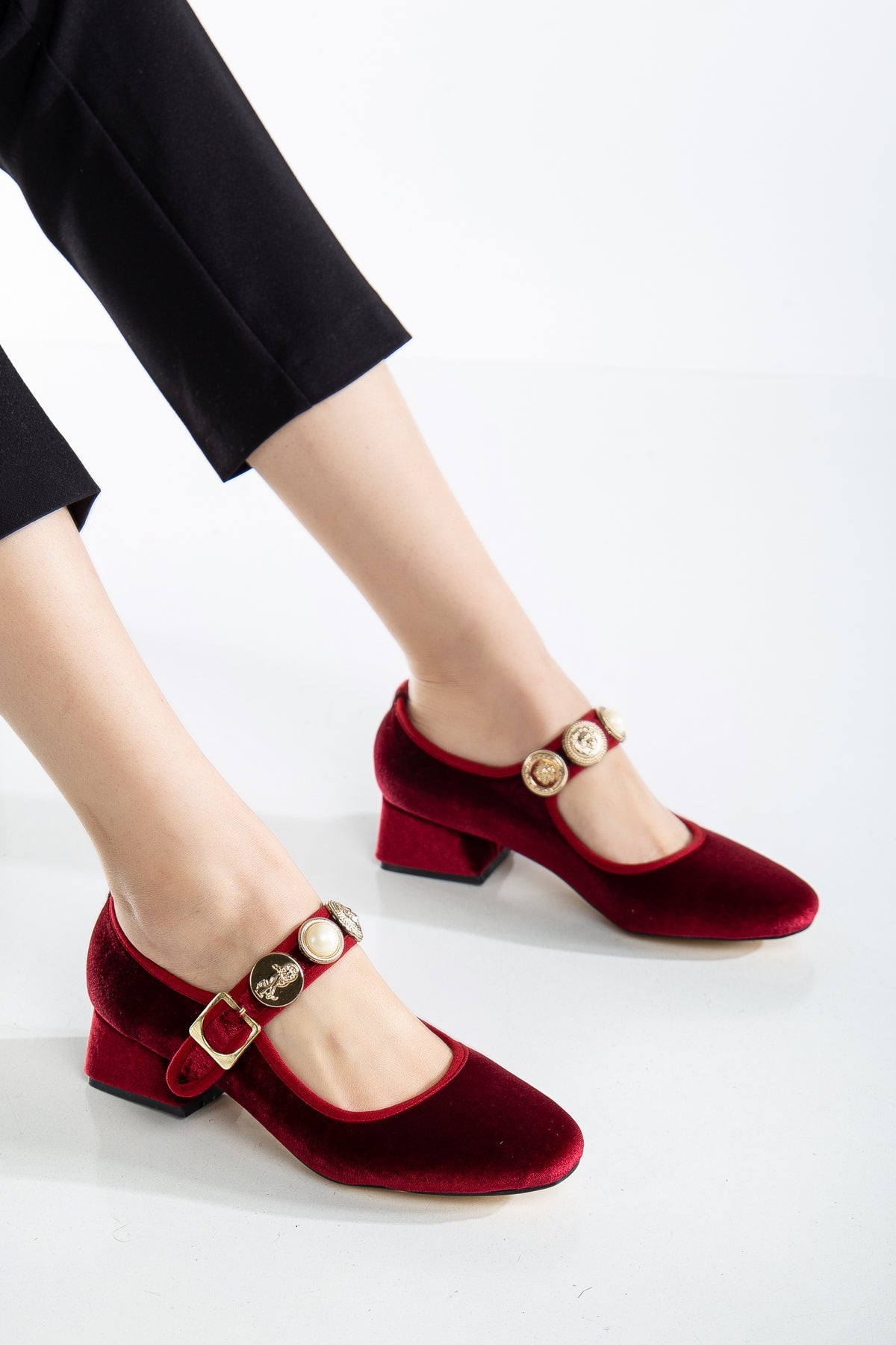 Macbeth - Burgundy Velvet Mary Jane Shoes – detail view showing velvet, gold, SimmiUnique