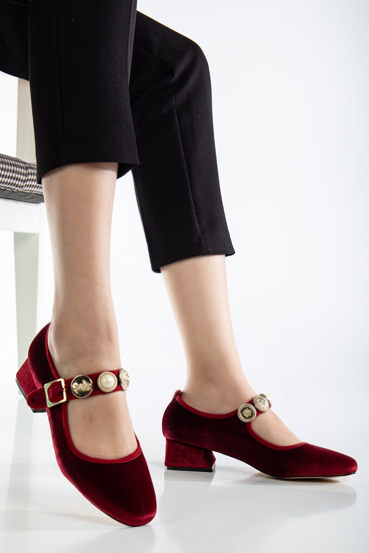 Macbeth - Burgundy Velvet Mary Jane Shoes – back view showing velvet, gold, SimmiUnique