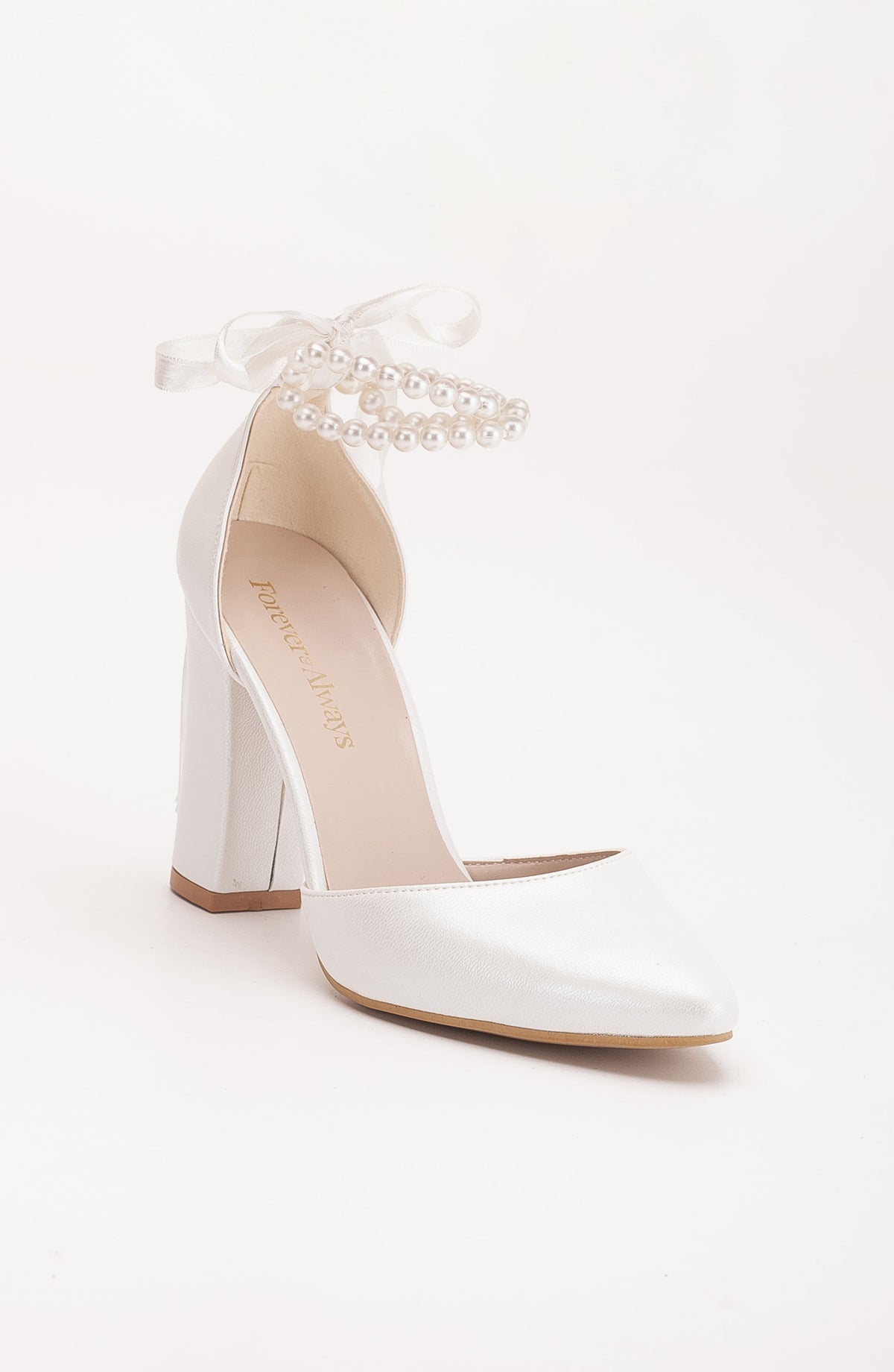 Denise - Ivory Wedding Heels with Pearls – front three-quarter view showing pearl, satin, leather, SimmiUnique