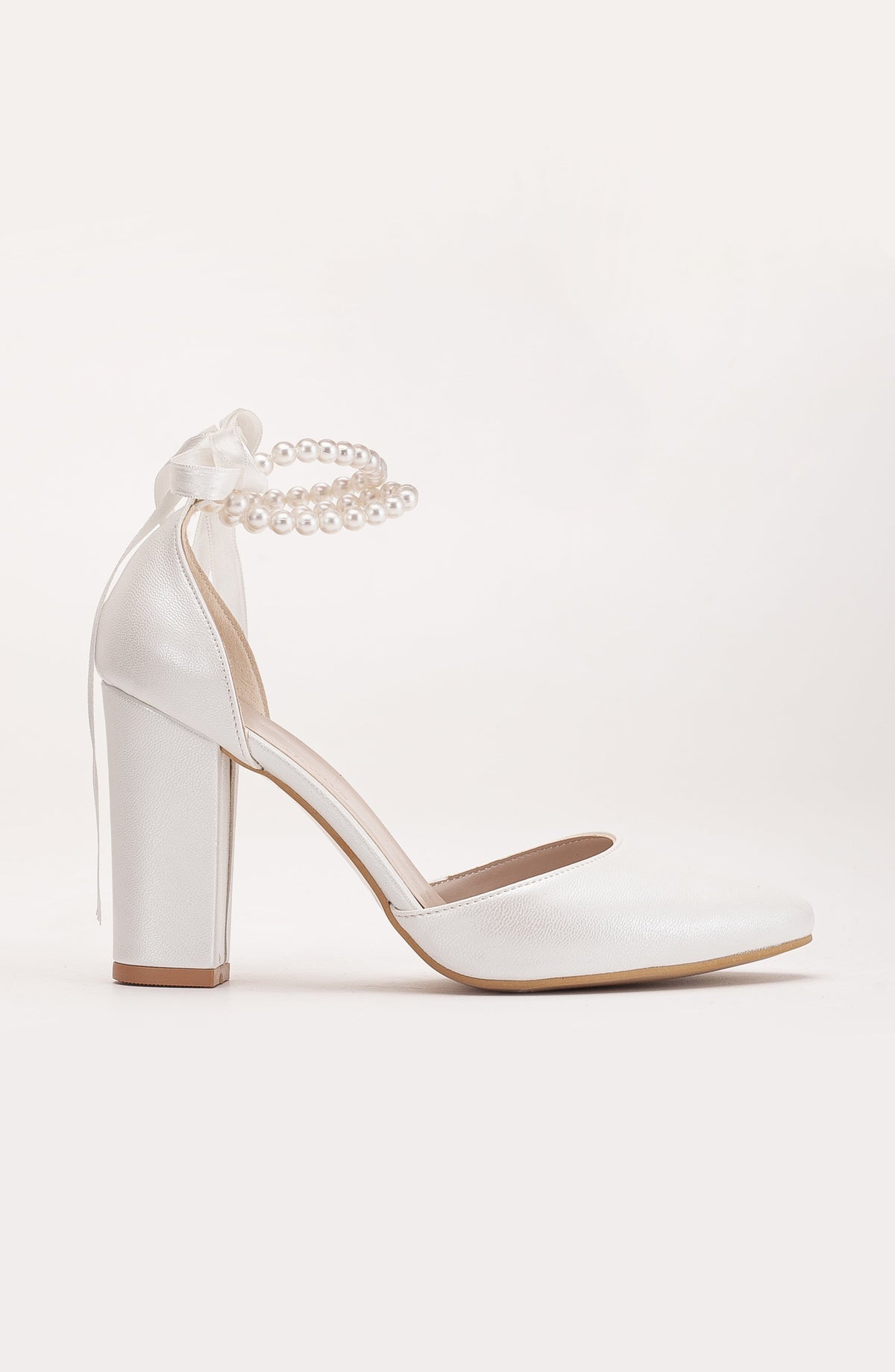 Denise - Ivory Wedding Heels with Pearls – side view showing pearl, satin, leather, SimmiUnique