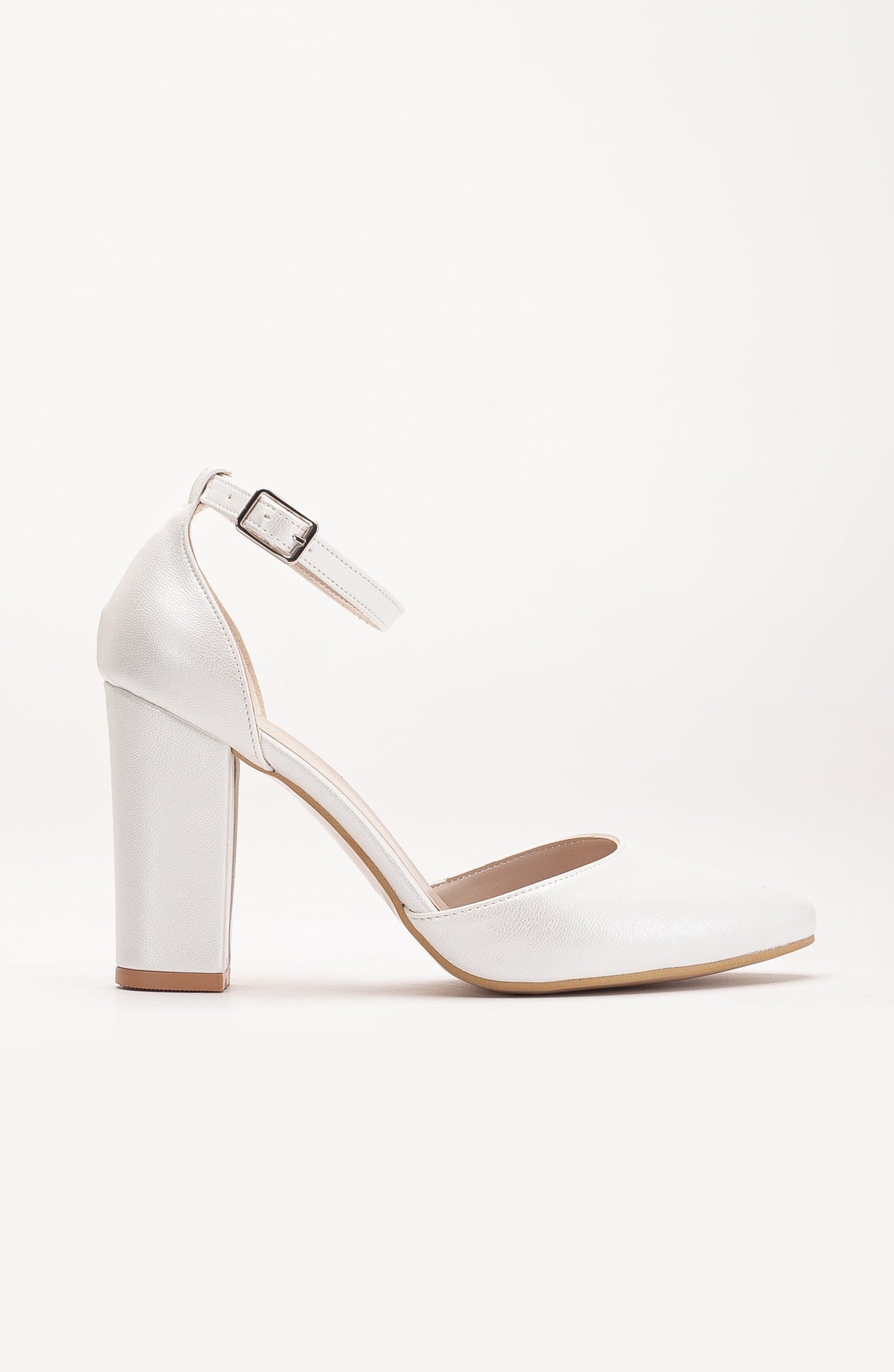 Denise - Ivory Wedding Heels with Pearls – detail view showing pearl, satin, leather, SimmiUnique