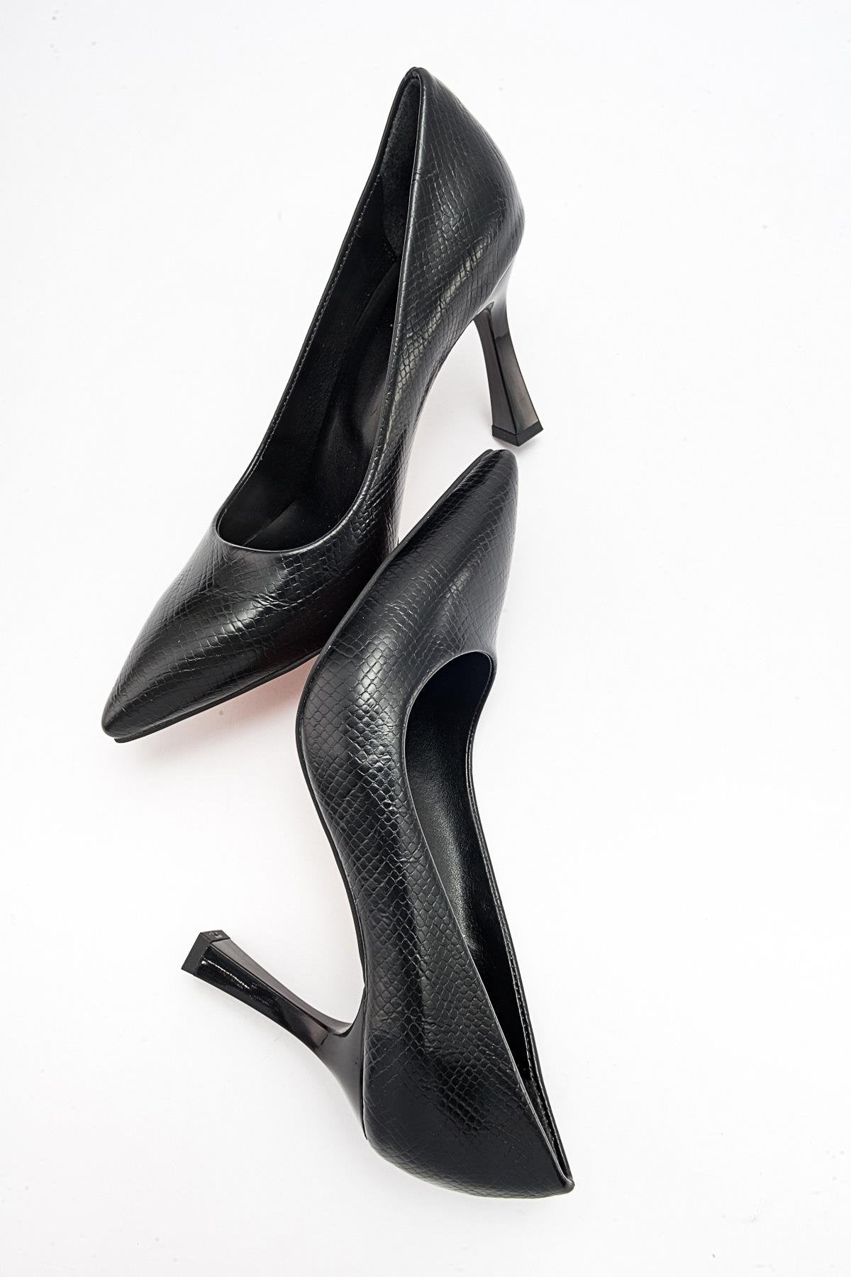 Forest Black Pointed Toe Pump – detail view showing leather, black, SimmiUnique