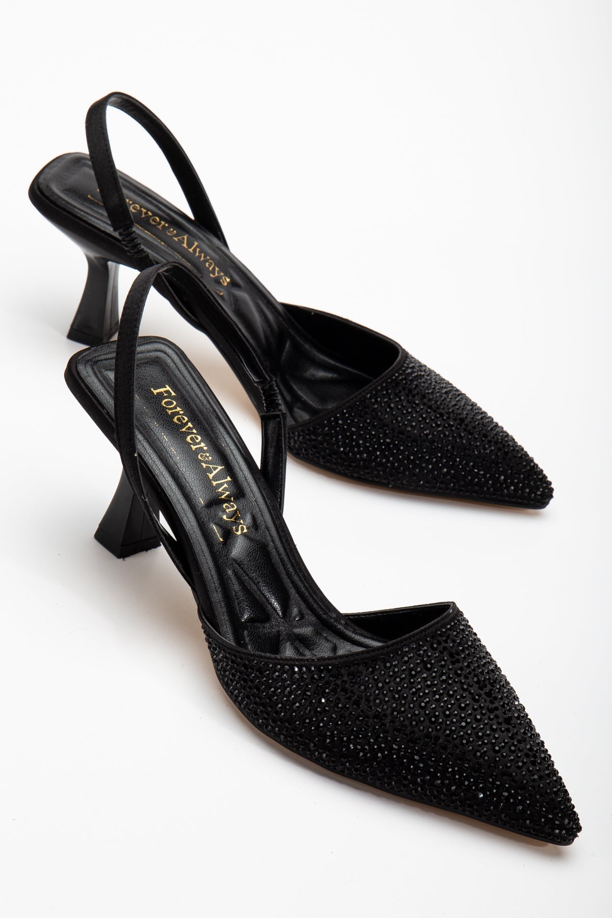 Rae - Black Rhinestone Slingback Kitten Heels – side view showing rhinestone, black, SimmiUnique