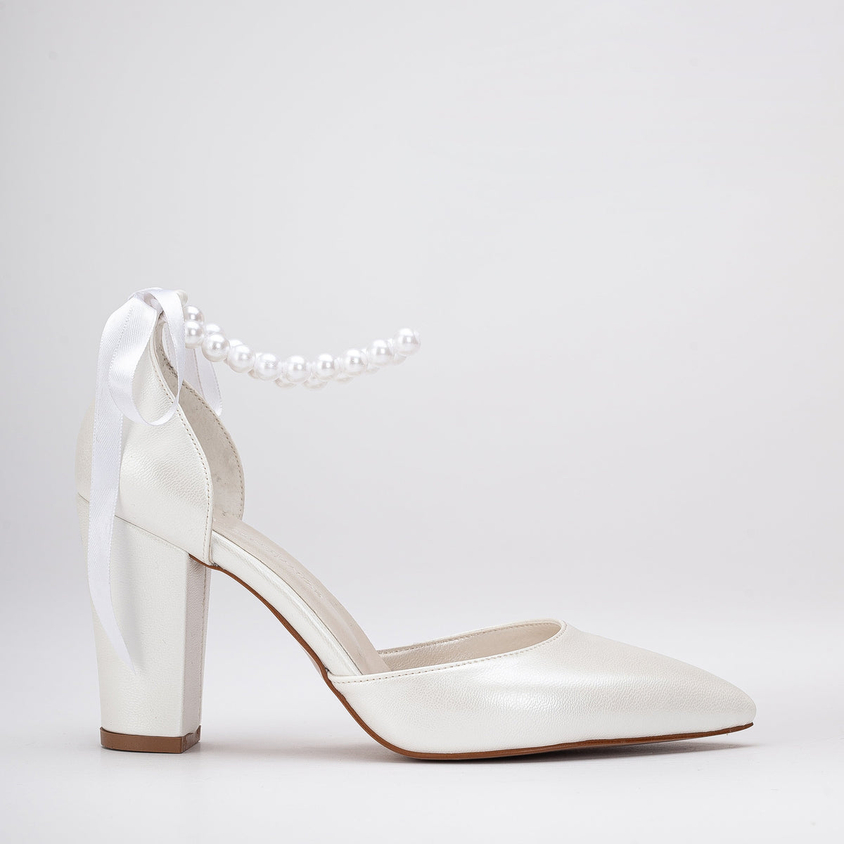 Agnes - Ivory Pearl Wedding Heels – front three-quarter view showing pearl, leather, ivory, SimmiUnique