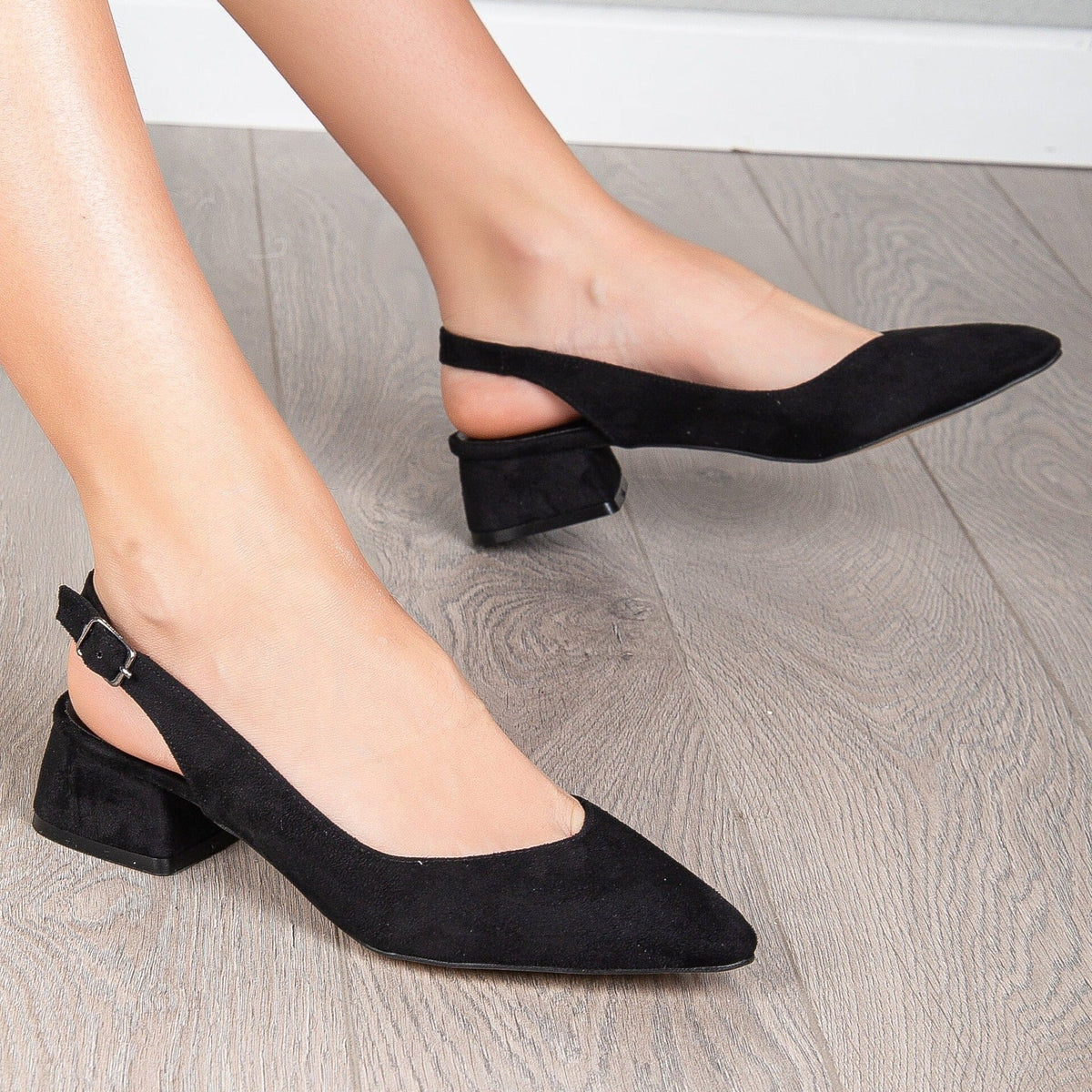 Emma - Black Suede Slingback Shoes – heel view showing suede, black, SimmiUnique