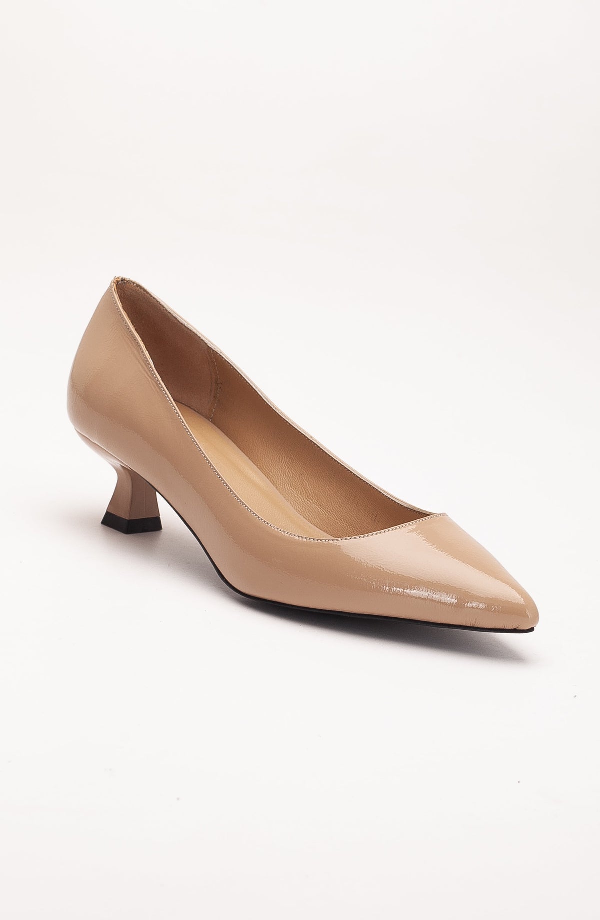 Helly - Beige Patent Leather Stiletto Pumps – front three-quarter view showing leather, red, SimmiUnique