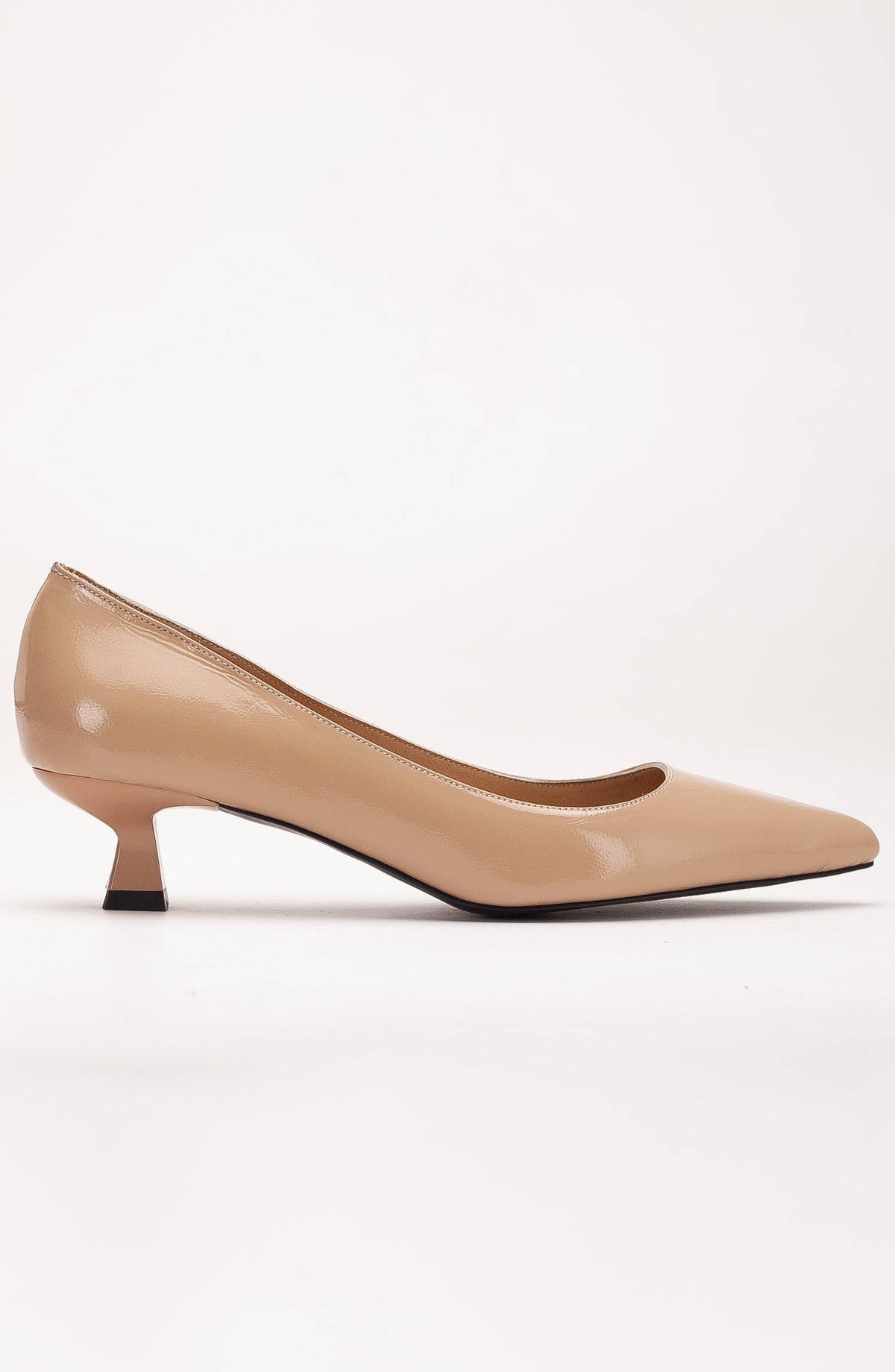 Helly - Beige Patent Leather Stiletto Pumps – back view showing leather, red, SimmiUnique