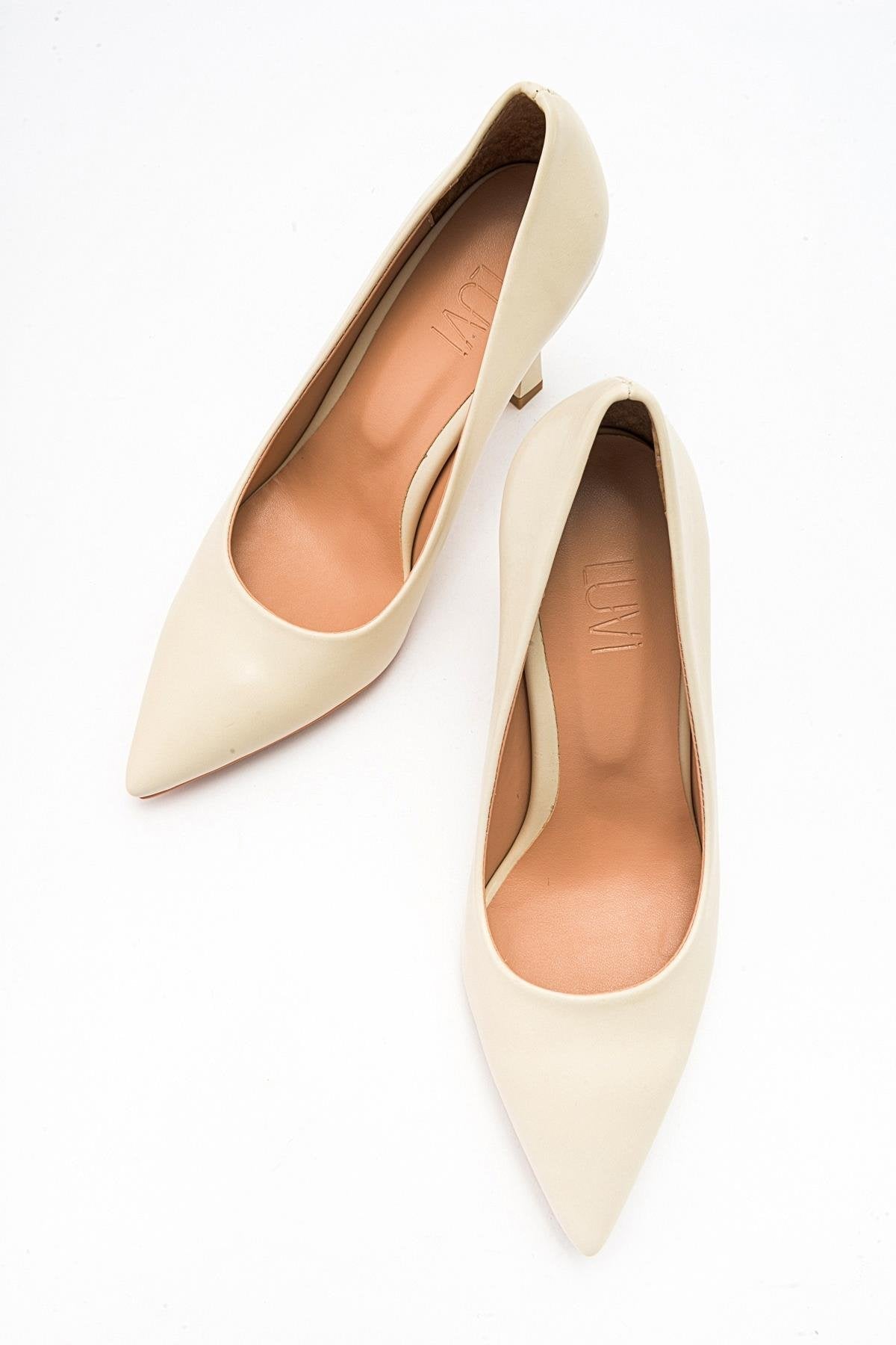 Forest Cream Beige Pointed Toe Pump – detail view showing leather, SimmiUnique