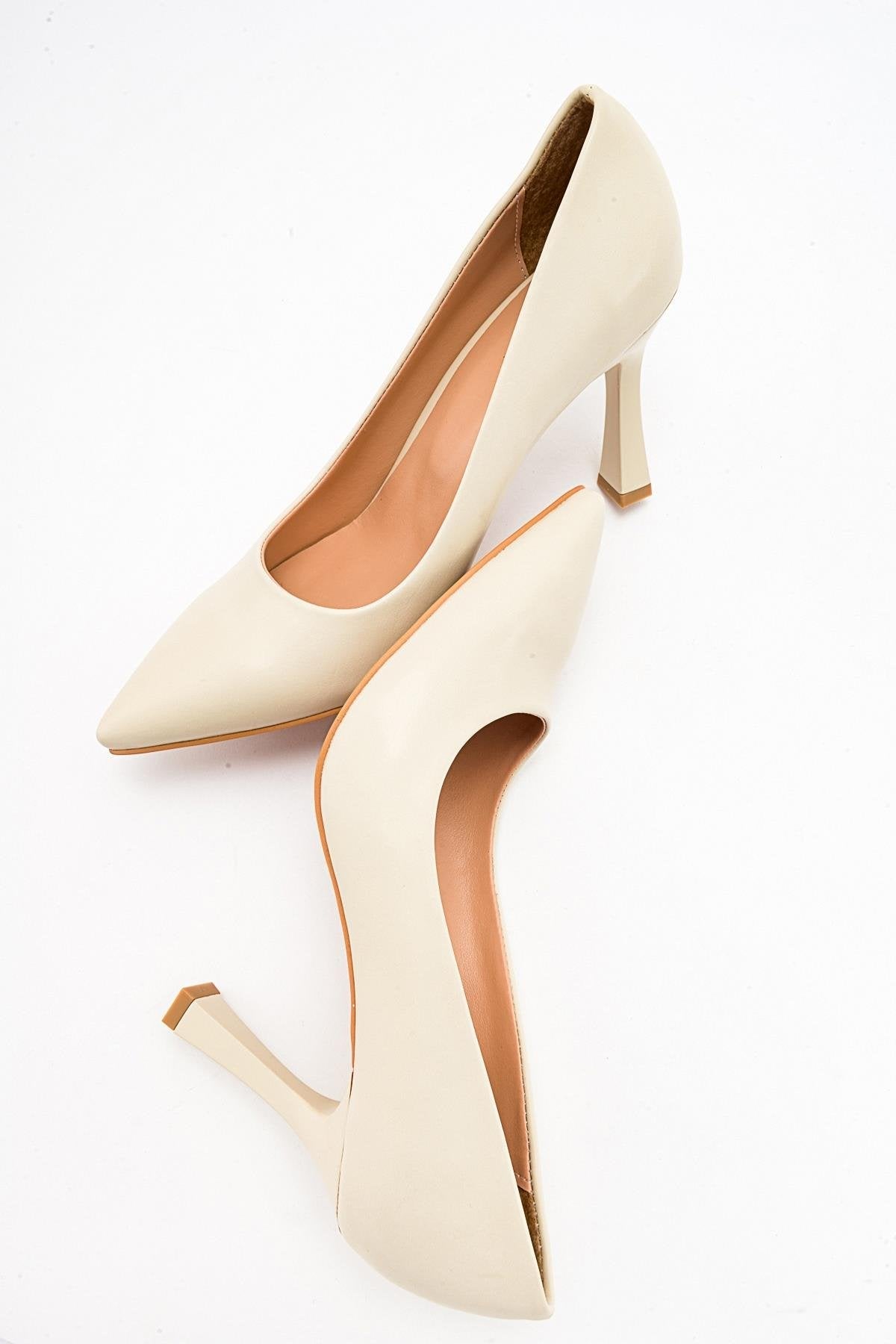 Forest Cream Beige Pointed Toe Pump – heel view showing leather, SimmiUnique