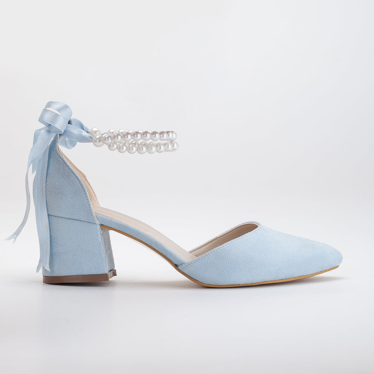 Miranda - Baby Blue Pumps with Pearls – front three-quarter view showing pearl, leather, suede, SimmiUnique