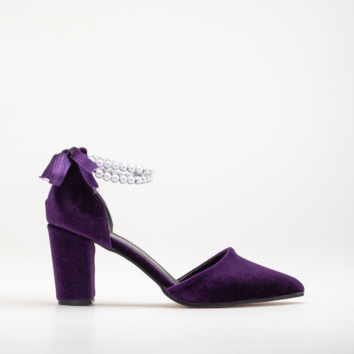 Hazel - Purple Velvet Shoes with Pearls – front three-quarter view showing pearl, velvet, SimmiUnique
