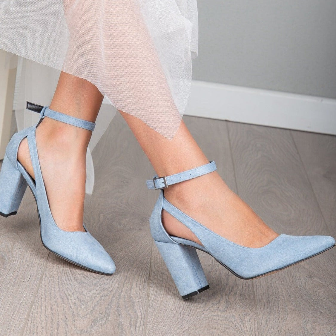 Colette - Baby Blue Suede Heels – heel view showing leather, suede, blue, SimmiUnique