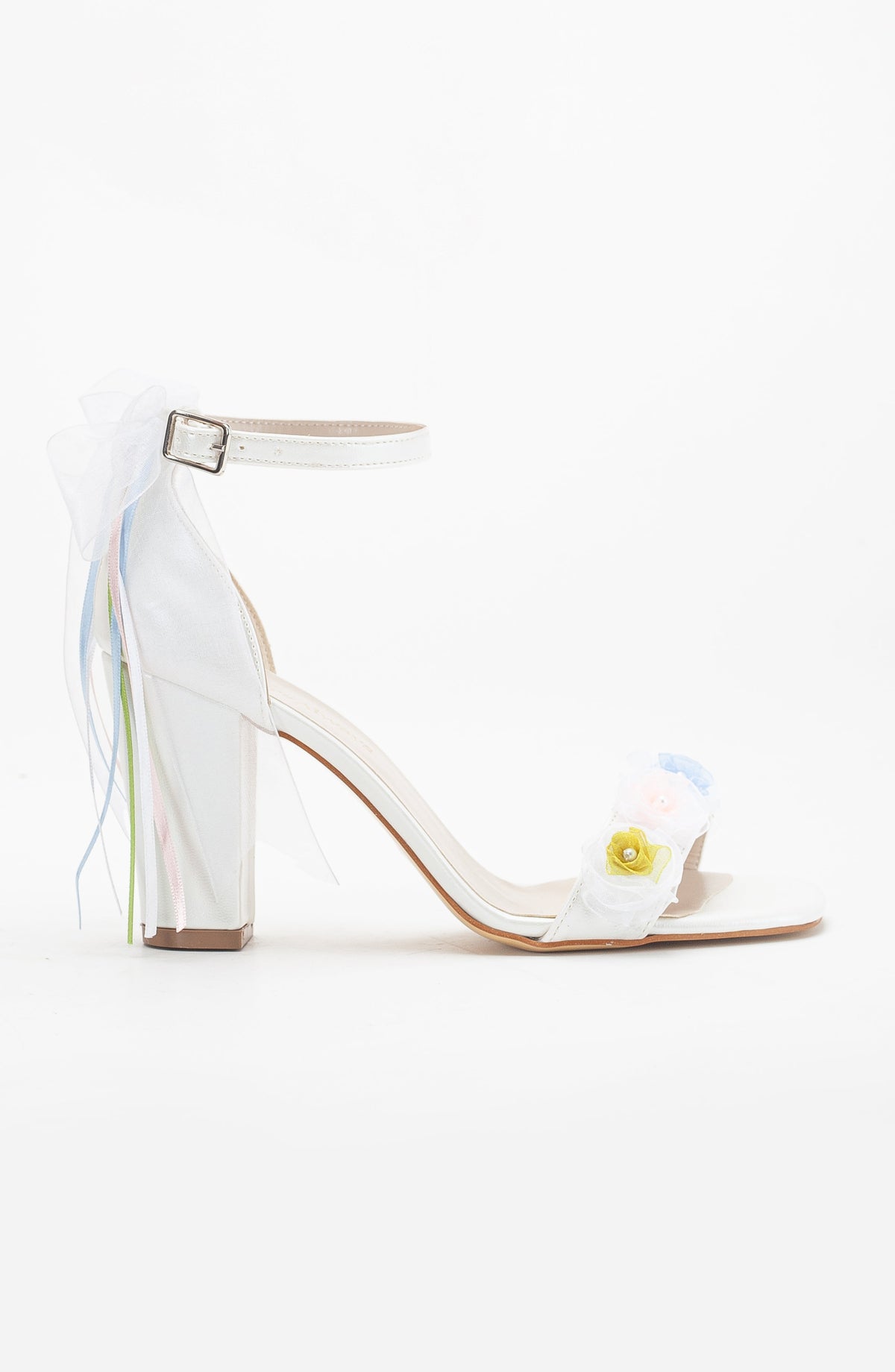 Nikki - Ivory Lace Bridal Sandals with Pearls – side view showing pearl, bow, lace, SimmiUnique