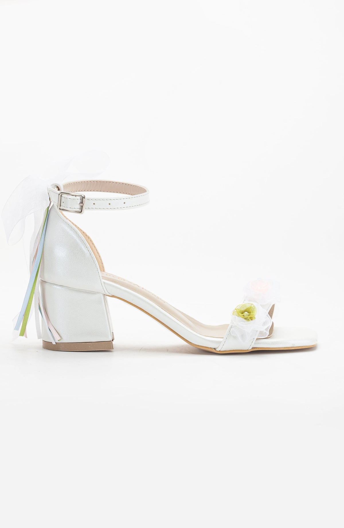 Grazia - Ivory Lace Block Heel Bridal Sandals with Pearls – side view showing pearl, bow, lace, SimmiUnique