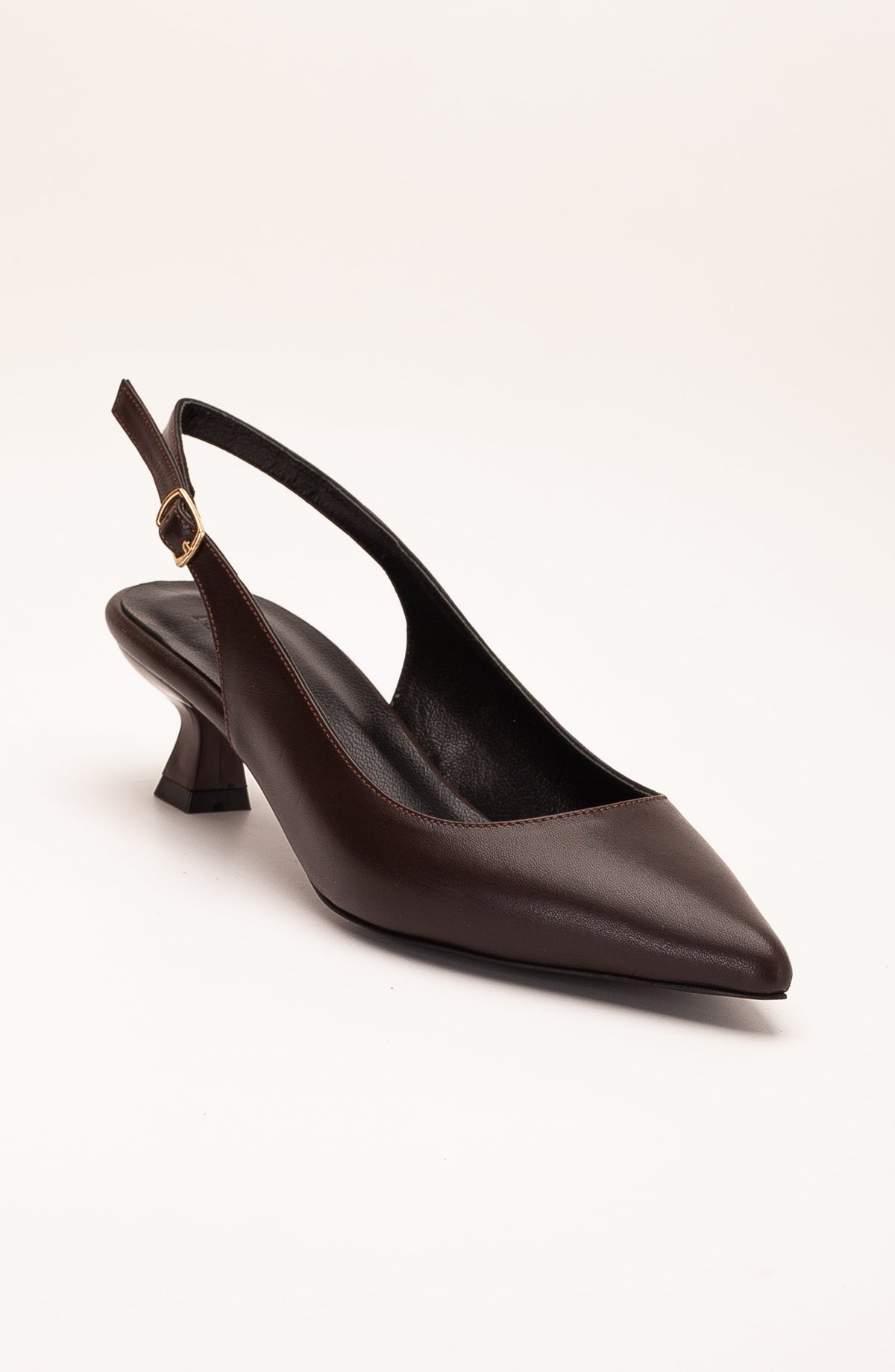 Lety - Brown Leather Slingback Pumps – front three-quarter view showing leather, gold, red, SimmiUnique