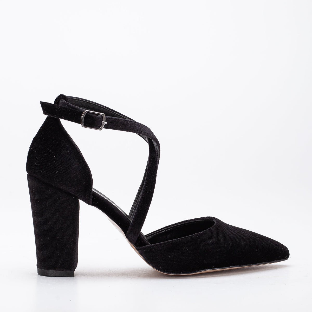 Sina - Black Velvet High Heels – front three-quarter view showing velvet, black, SimmiUnique