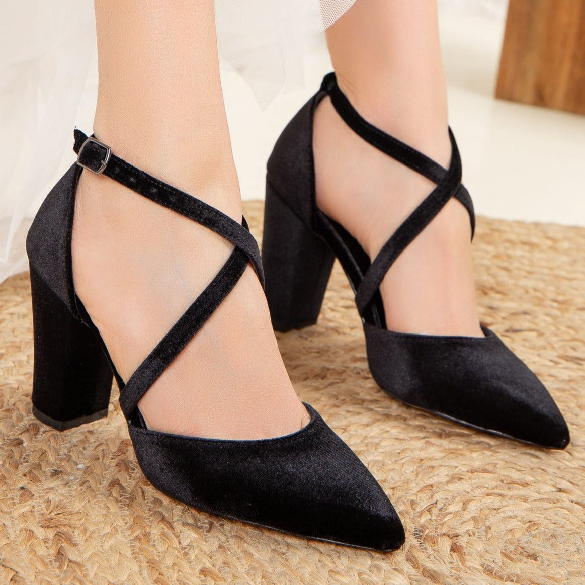 Sina - Black Velvet High Heels – side view showing velvet, black, SimmiUnique