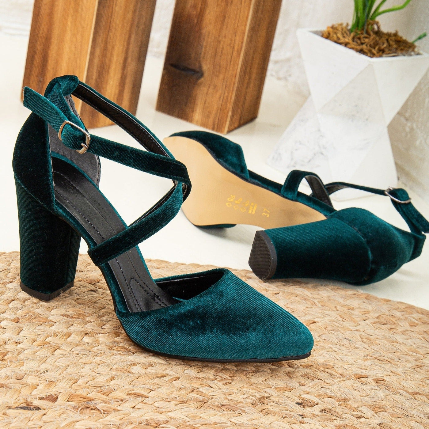 Sina - Emerald Green Velvet Heels – side view showing velvet, green, SimmiUnique