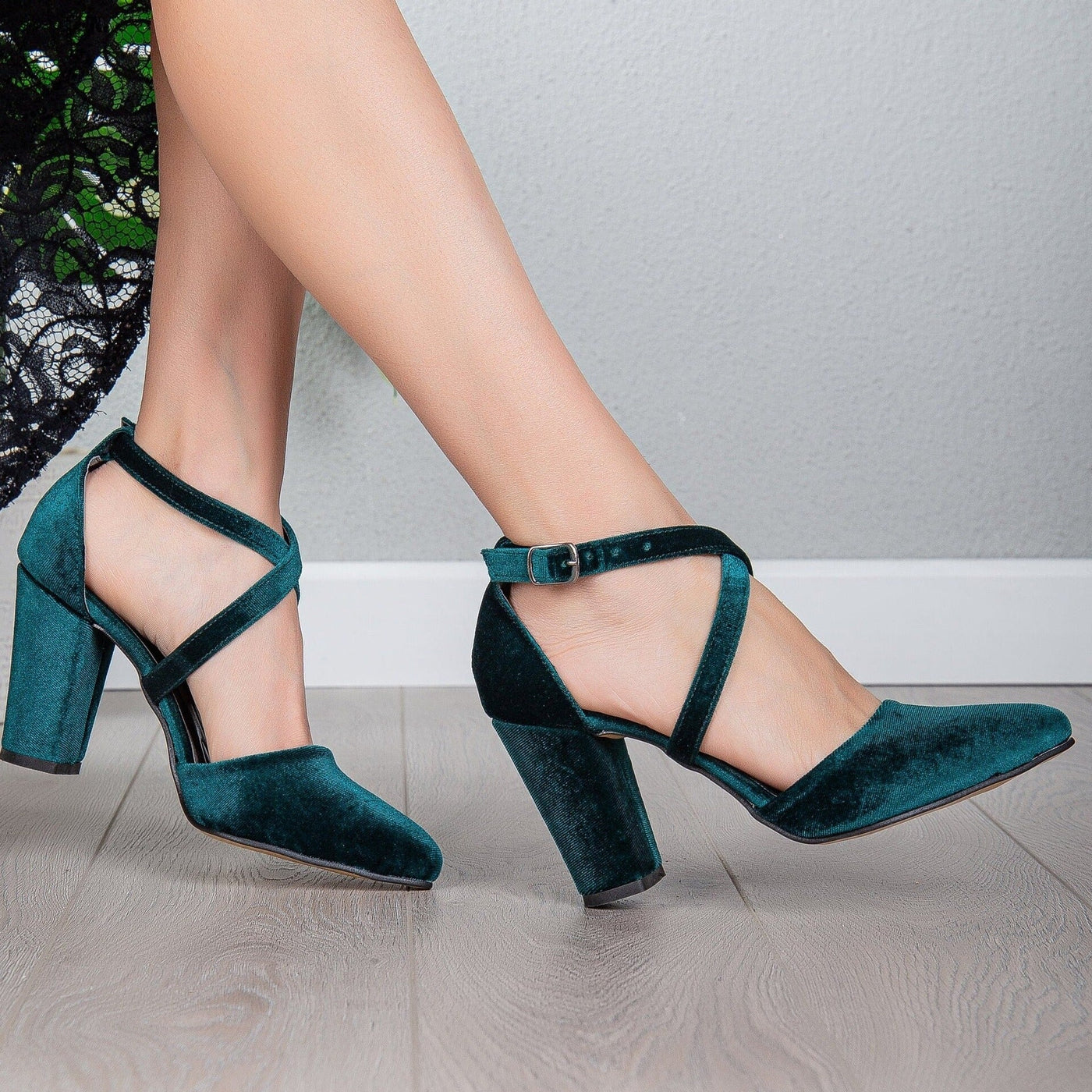 Sina - Emerald Green Velvet Heels – detail view showing velvet, green, SimmiUnique