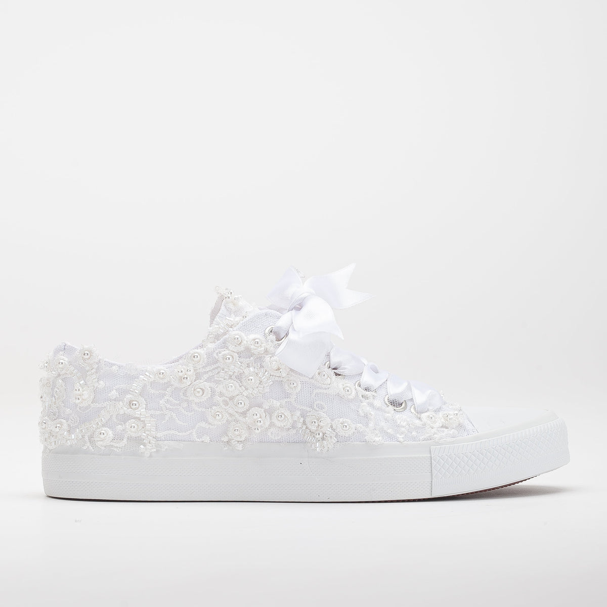 Bailey - White Low Wedding Converse – front three-quarter view showing pearl, lace, satin, SimmiUnique