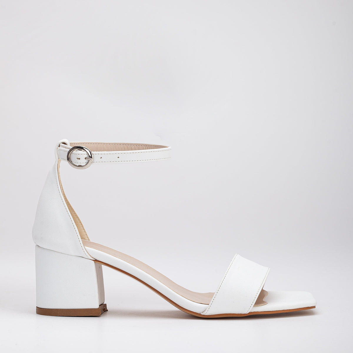 Iva - White Low Heel – front three-quarter view showing lace, leather, white, SimmiUnique
