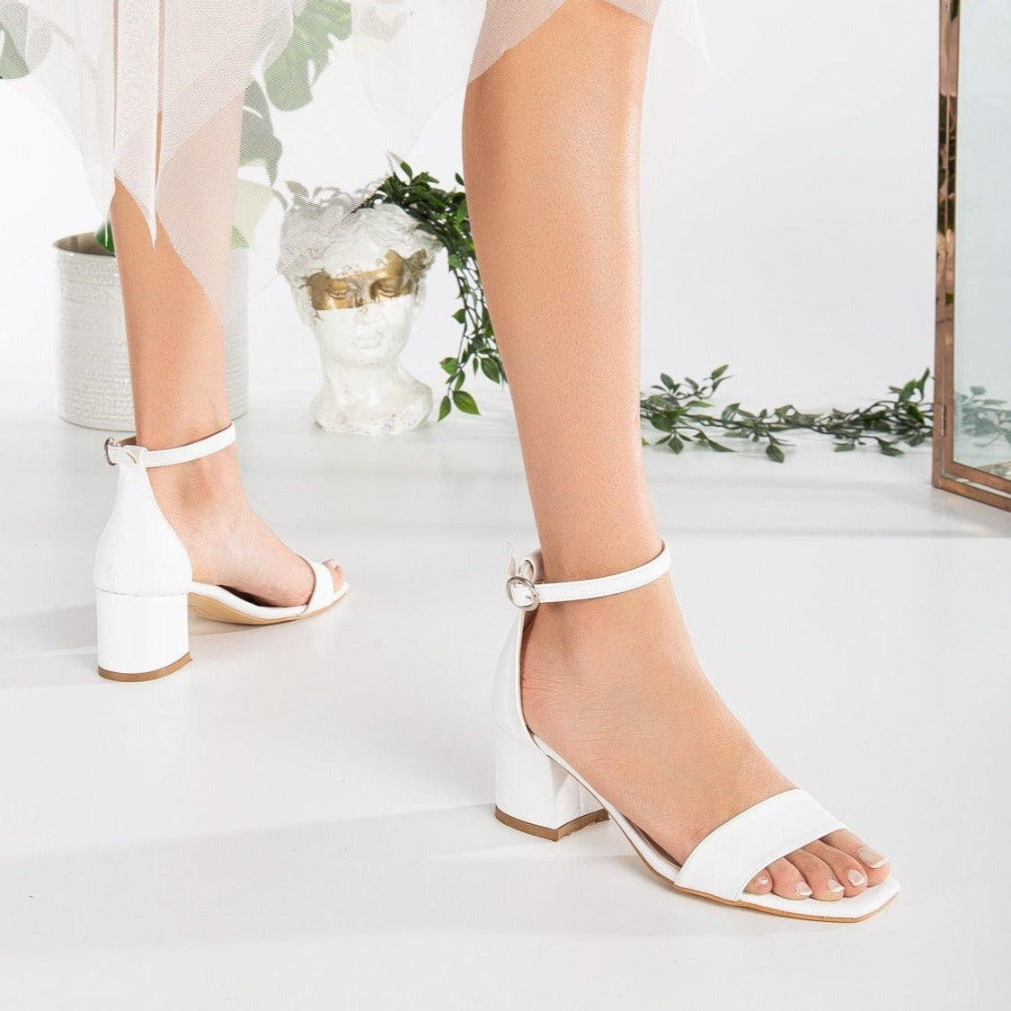 Iva - White Low Heel – side view showing lace, leather, white, SimmiUnique