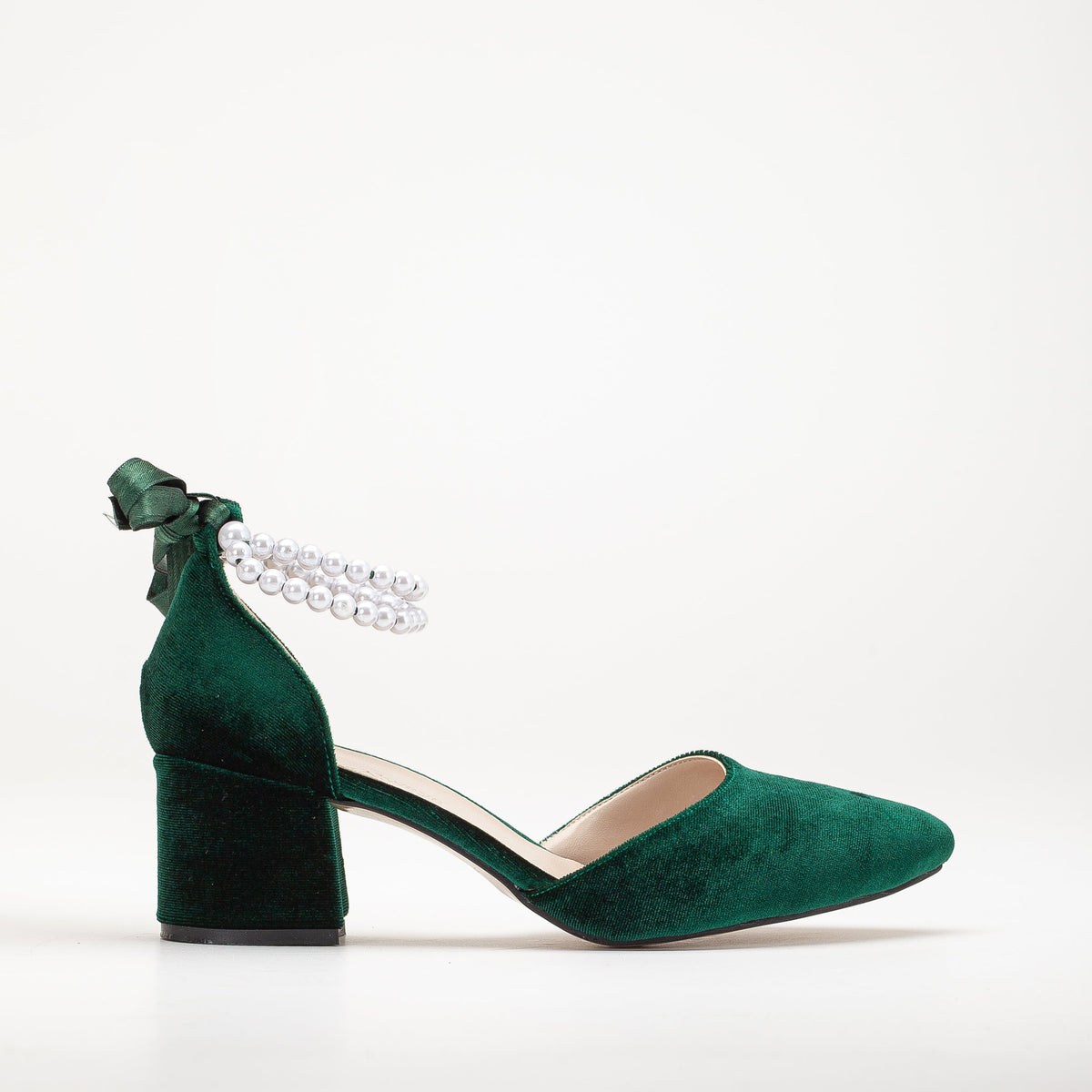 Miranda - Emerald Green Velvet Heels with Pearls – front three-quarter view showing pearl, velvet, green, SimmiUnique
